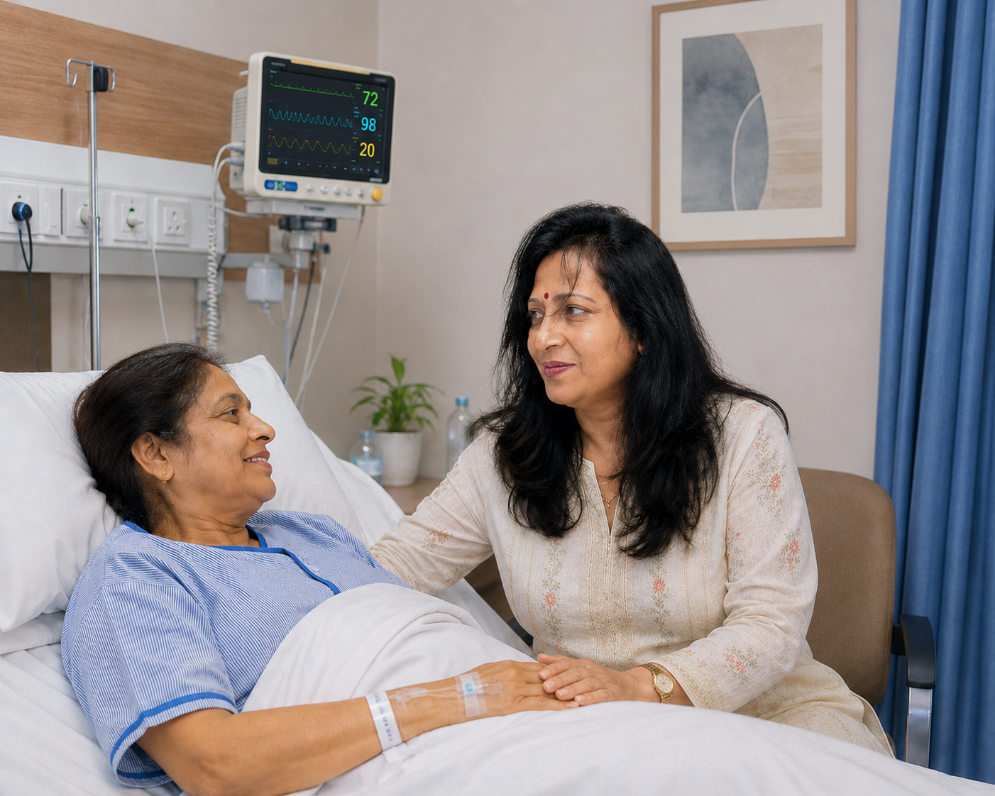 A caregiver comforting a patient during recovery at a RayMediReach partner hospital